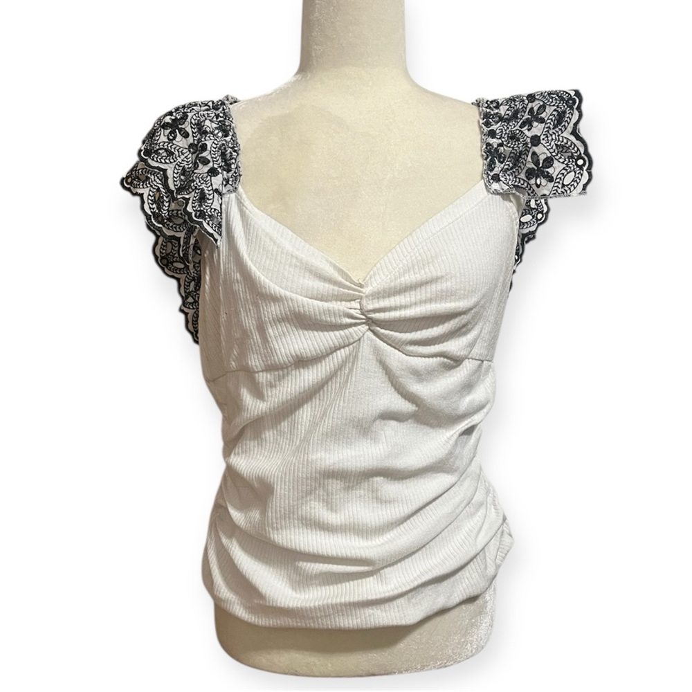 Anthropologie Ruffle Sleeve Eyelet Top Size XL